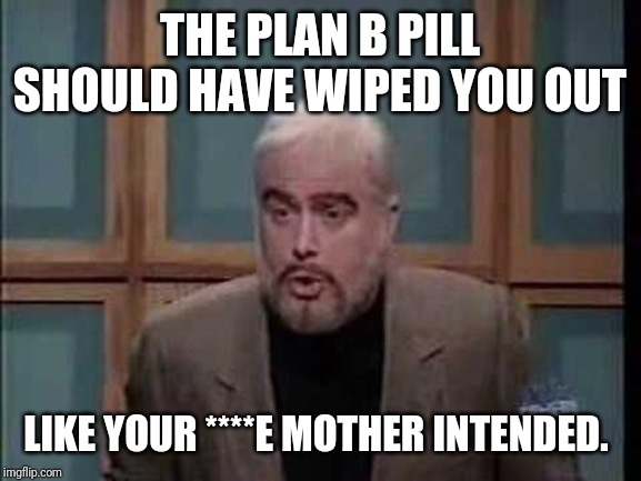 snl jeopardy sean connery | THE PLAN B PILL SHOULD HAVE WIPED YOU OUT; LIKE YOUR ****E MOTHER INTENDED. | image tagged in snl jeopardy sean connery | made w/ Imgflip meme maker