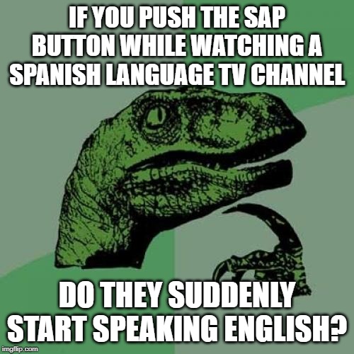 Work in Reverse? | IF YOU PUSH THE SAP BUTTON WHILE WATCHING A SPANISH LANGUAGE TV CHANNEL; DO THEY SUDDENLY START SPEAKING ENGLISH? | image tagged in memes,philosoraptor | made w/ Imgflip meme maker