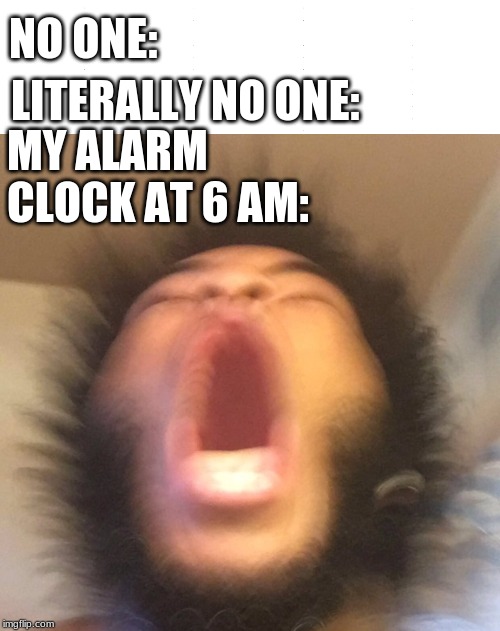 NO ONE:; LITERALLY NO ONE:; MY ALARM CLOCK AT 6 AM: | image tagged in scream,screaming,alarm clock,alarm,okay | made w/ Imgflip meme maker