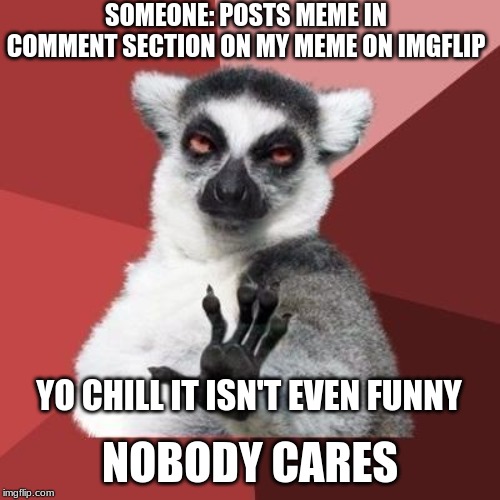 calm down | SOMEONE: POSTS MEME IN COMMENT SECTION ON MY MEME ON IMGFLIP; NOBODY CARES; YO CHILL IT ISN'T EVEN FUNNY | image tagged in calm down | made w/ Imgflip meme maker
