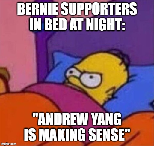 angry homer simpson in bed | BERNIE SUPPORTERS IN BED AT NIGHT:; "ANDREW YANG IS MAKING SENSE" | image tagged in angry homer simpson in bed | made w/ Imgflip meme maker