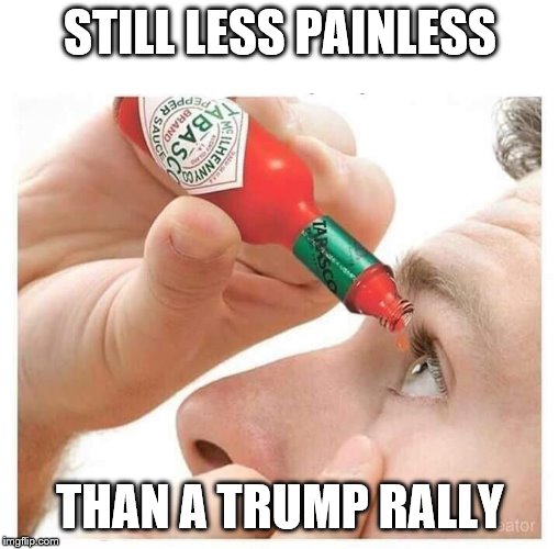 Tabasco | STILL LESS PAINLESS; THAN A TRUMP RALLY | image tagged in tabasco | made w/ Imgflip meme maker