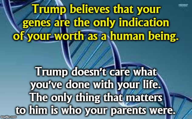 Nothing infuriates Trump more than people rising in class. He thinks the servant class should stay that way forever. | Trump believes that your genes are the only indication of your worth as a human being. Trump doesn't care what you've done with your life. The only thing that matters to him is who your parents were. | image tagged in dna,genes,trump,inheritance,genetics | made w/ Imgflip meme maker