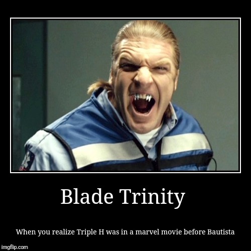 A WWE/Marvel meme | Blade Trinity | When you realize Triple H was in a marvel movie before Bautista | image tagged in funny,demotivationals,memes,marvel,wwe,triple h | made w/ Imgflip demotivational maker