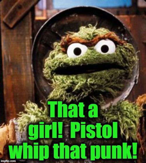 Oscar the Grouch | That a girl!  Pistol whip that punk! | image tagged in oscar the grouch | made w/ Imgflip meme maker