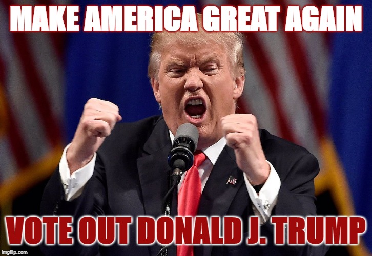 Trump angry | MAKE AMERICA GREAT AGAIN; VOTE OUT DONALD J. TRUMP | image tagged in trump angry | made w/ Imgflip meme maker