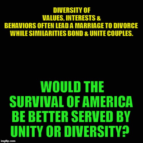 Unity VS Diversity | DIVERSITY OF VALUES, INTERESTS & BEHAVIORS OFTEN LEAD A MARRIAGE TO DIVORCE 
WHILE SIMILARITIES BOND & UNITE COUPLES. WOULD THE SURVIVAL OF AMERICA BE BETTER SERVED BY UNITY OR DIVERSITY? | image tagged in politics,political meme,political correctness,political,diversity,unity | made w/ Imgflip meme maker