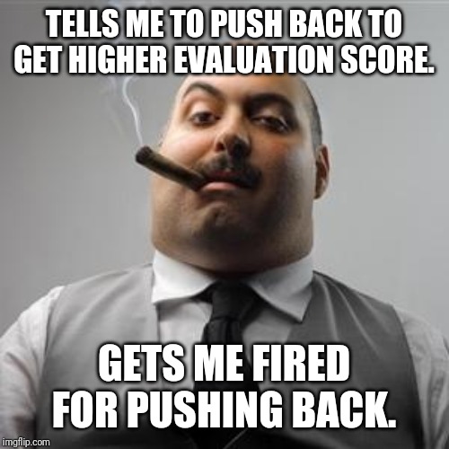 Bad boss | TELLS ME TO PUSH BACK TO GET HIGHER EVALUATION SCORE. GETS ME FIRED FOR PUSHING BACK. | image tagged in bad boss | made w/ Imgflip meme maker