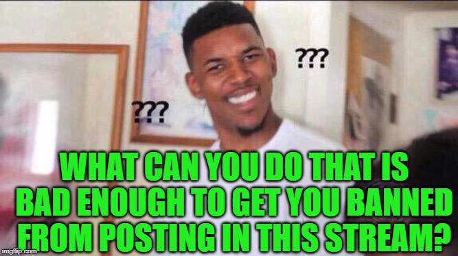 Inquiring minds want to know. | WHAT CAN YOU DO THAT IS BAD ENOUGH TO GET YOU BANNED FROM POSTING IN THIS STREAM? | image tagged in black guy confused,nixieknox,memes | made w/ Imgflip meme maker