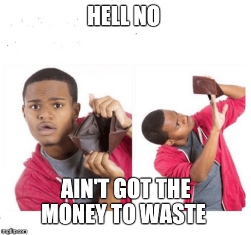 No Money No Honey | HELL NO AIN'T GOT THE MONEY TO WASTE | image tagged in no money no honey | made w/ Imgflip meme maker