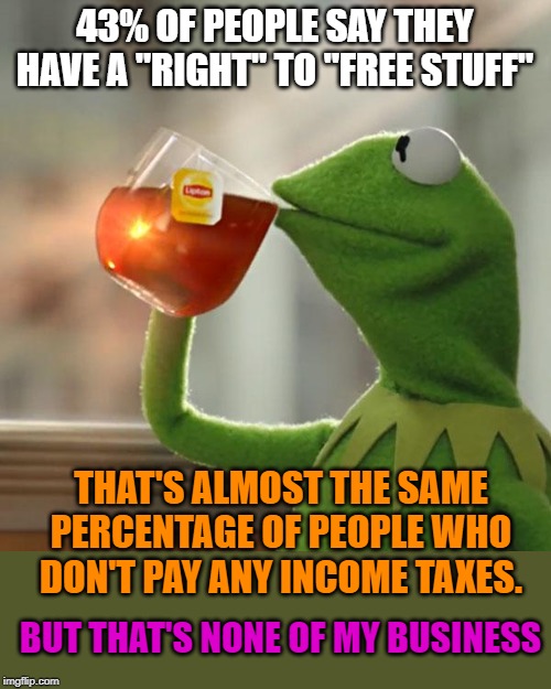 The people who contribute the least always want the most. | 43% OF PEOPLE SAY THEY HAVE A "RIGHT" TO "FREE STUFF"; THAT'S ALMOST THE SAME PERCENTAGE OF PEOPLE WHO DON'T PAY ANY INCOME TAXES. BUT THAT'S NONE OF MY BUSINESS | image tagged in memes,but thats none of my business,kermit the frog | made w/ Imgflip meme maker