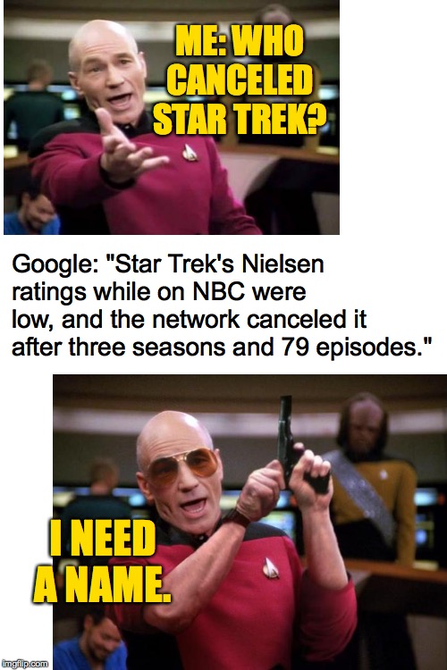 I don't just sit around on my week off  ( : | ME: WHO CANCELED STAR TREK? Google: "Star Trek's Nielsen ratings while on NBC were low, and the network canceled it after three seasons and 79 episodes."; I NEED A NAME. | image tagged in blank white template,memes,star trek,picard wtf,angry picard,google | made w/ Imgflip meme maker