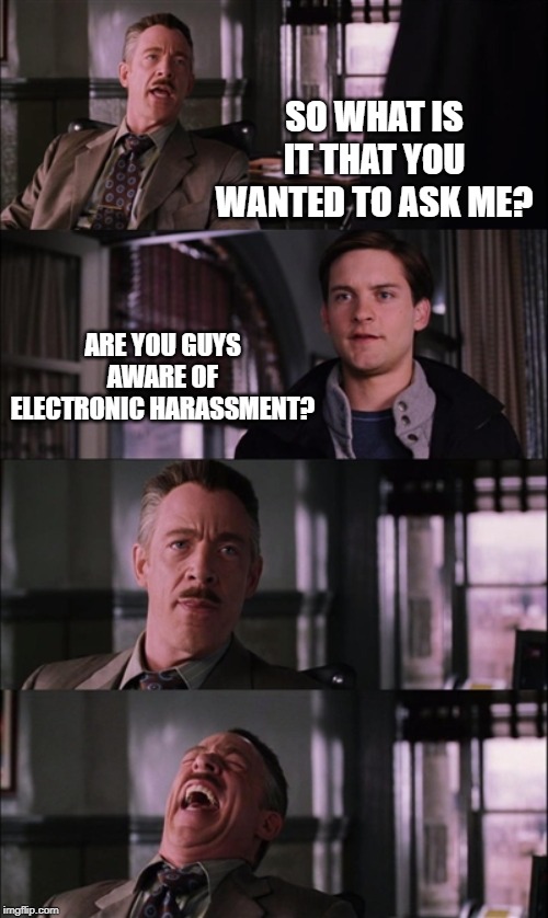 Spiderman Laugh Meme | SO WHAT IS IT THAT YOU WANTED TO ASK ME? ARE YOU GUYS AWARE OF ELECTRONIC HARASSMENT? | image tagged in memes,spiderman laugh | made w/ Imgflip meme maker