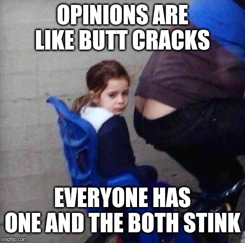Girl riding behind butt crack | OPINIONS ARE LIKE BUTT CRACKS; EVERYONE HAS ONE AND THE BOTH STINK | image tagged in girl riding behind butt crack | made w/ Imgflip meme maker