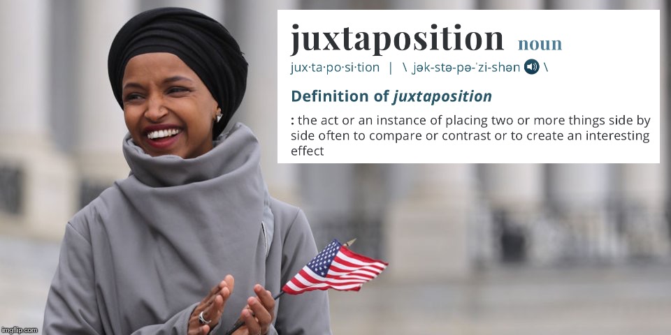 Two symbols that could not be more opposite! | image tagged in ilhan omar,juxtaposition,american flag | made w/ Imgflip meme maker