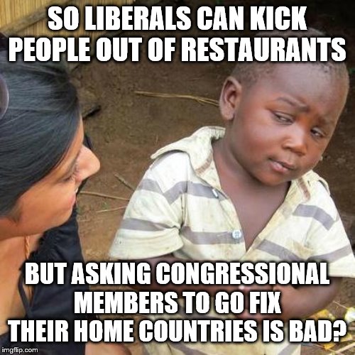 Third World Skeptical Kid Meme | SO LIBERALS CAN KICK PEOPLE OUT OF RESTAURANTS; BUT ASKING CONGRESSIONAL MEMBERS TO GO FIX THEIR HOME COUNTRIES IS BAD? | image tagged in memes,third world skeptical kid | made w/ Imgflip meme maker