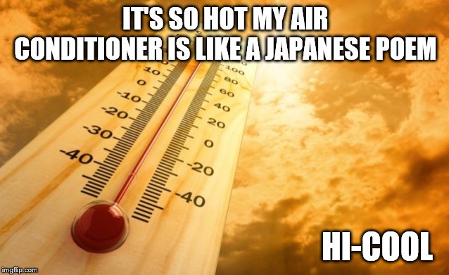 Welcome to the melting pot. | IT'S SO HOT MY AIR CONDITIONER IS LIKE A JAPANESE POEM; HI-COOL | image tagged in summer heat,bad pun,funny memes,area 51,aoc,puppies and kittens | made w/ Imgflip meme maker