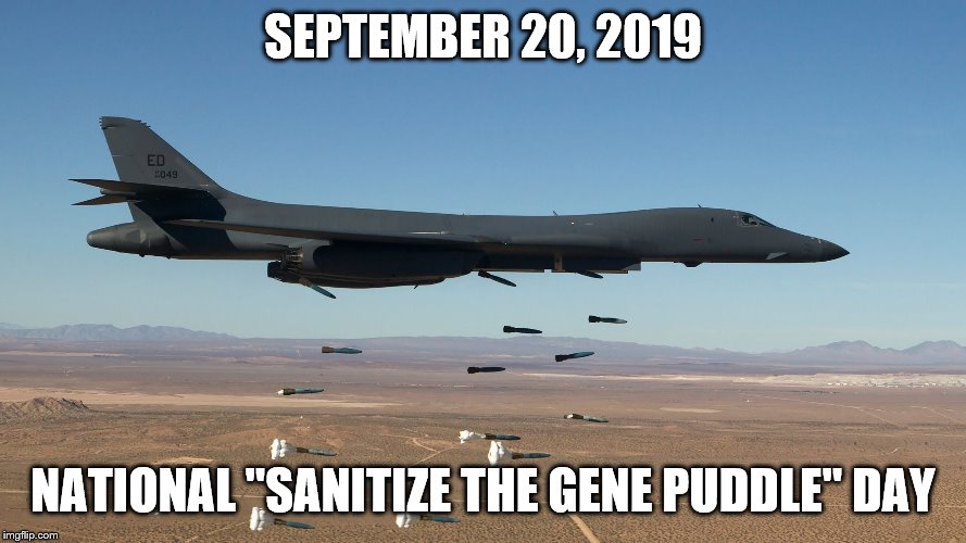 Clean it out good. | SEPTEMBER 20, 2019; NATIONAL "SANITIZE THE GENE PUDDLE" DAY | image tagged in funny memes,politics lol,area 51,stupid people,aoc,puppies and kittens | made w/ Imgflip meme maker