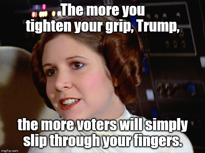 princess leia trump | The more you tighten your grip, Trump, the more voters will simply slip through your fingers. | image tagged in princess leia too easy | made w/ Imgflip meme maker