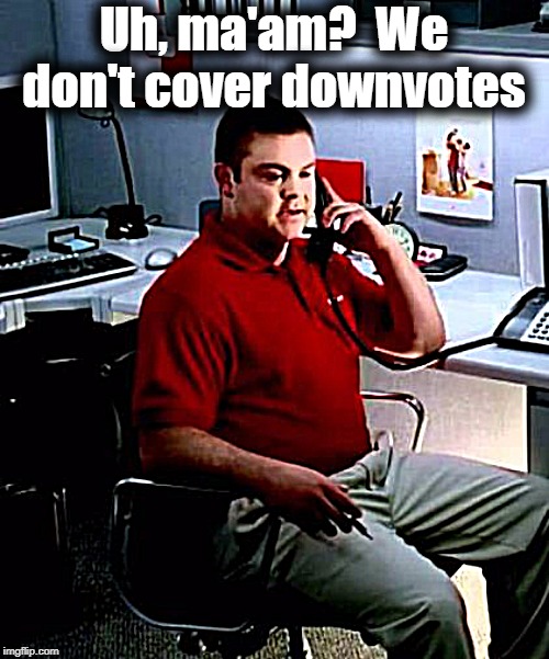 Jake from State Farm | Uh, ma'am?  We don't cover downvotes | image tagged in jake from state farm | made w/ Imgflip meme maker