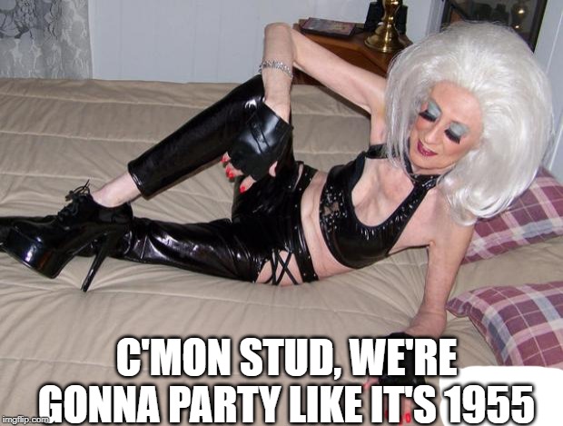 Oversexed Senior | C'MON STUD, WE'RE GONNA PARTY LIKE IT'S 1955 | image tagged in sexygrandma | made w/ Imgflip meme maker