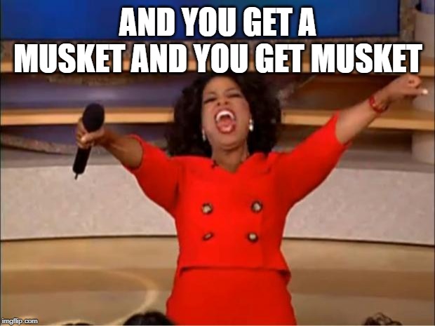 Oprah You Get A Meme | AND YOU GET A MUSKET AND YOU GET MUSKET | image tagged in memes,oprah you get a | made w/ Imgflip meme maker