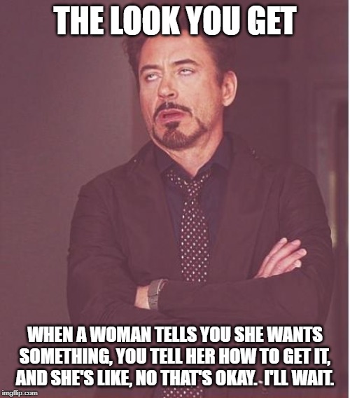Face You Make Robert Downey Jr | THE LOOK YOU GET; WHEN A WOMAN TELLS YOU SHE WANTS SOMETHING, YOU TELL HER HOW TO GET IT, AND SHE'S LIKE, NO THAT'S OKAY.  I'LL WAIT. | image tagged in memes,face you make robert downey jr | made w/ Imgflip meme maker