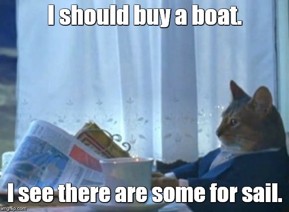 I Should Buy A Boat Cat |  I should buy a boat. I see there are some for sail. | image tagged in memes,i should buy a boat cat,bad puns,cats,cat newspaper,boats | made w/ Imgflip meme maker