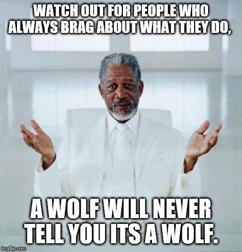 Morgan freeman god | WATCH OUT FOR PEOPLE WHO ALWAYS BRAG ABOUT WHAT THEY DO, A WOLF WILL NEVER TELL YOU ITS A WOLF. | image tagged in morgan freeman god | made w/ Imgflip meme maker