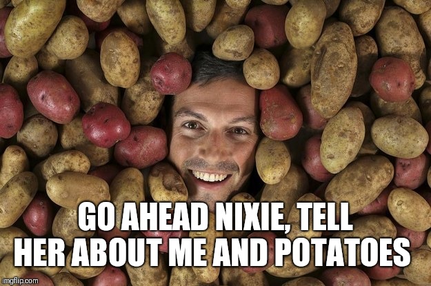 Potatoes lover | GO AHEAD NIXIE, TELL HER ABOUT ME AND POTATOES | image tagged in potatoes lover | made w/ Imgflip meme maker