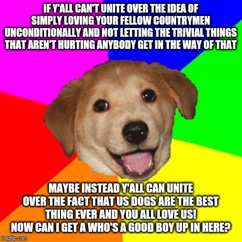Advice Dog | IF Y'ALL CAN'T UNITE OVER THE IDEA OF SIMPLY LOVING YOUR FELLOW COUNTRYMEN UNCONDITIONALLY AND NOT LETTING THE TRIVIAL THINGS THAT AREN'T HURTING ANYBODY GET IN THE WAY OF THAT; MAYBE INSTEAD Y'ALL CAN UNITE OVER THE FACT THAT US DOGS ARE THE BEST THING EVER AND YOU ALL LOVE US! NOW CAN I GET A WHO'S A GOOD BOY UP IN HERE? | image tagged in memes,advice dog | made w/ Imgflip meme maker