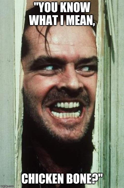 Here's Johnny | "YOU KNOW WHAT I MEAN, CHICKEN BONE?" | image tagged in memes,heres johnny | made w/ Imgflip meme maker