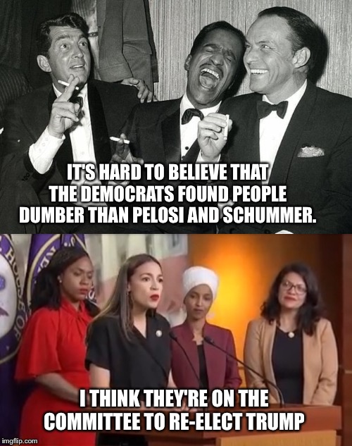 IT'S HARD TO BELIEVE THAT THE DEMOCRATS FOUND PEOPLE DUMBER THAN PELOSI AND SCHUMMER. I THINK THEY'RE ON THE COMMITTEE TO RE-ELECT TRUMP | image tagged in rat pack | made w/ Imgflip meme maker