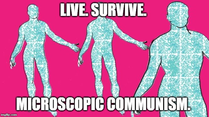 Microscopic Colonists | LIVE. SURVIVE. MICROSCOPIC COMMUNISM. | image tagged in microscopic colonists | made w/ Imgflip meme maker