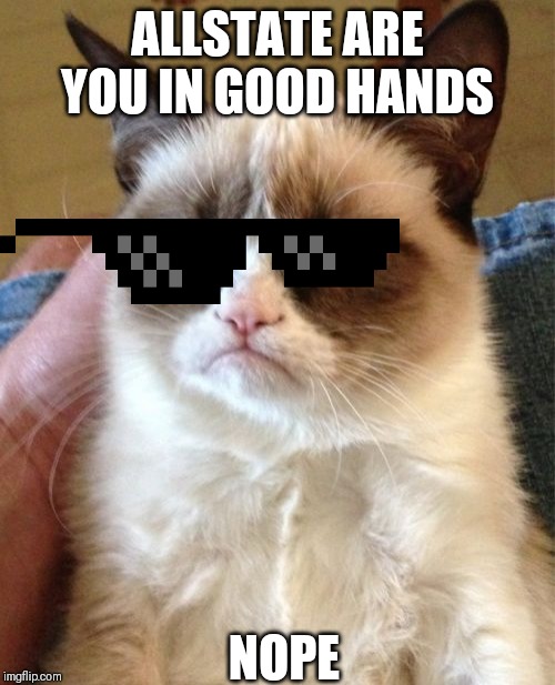 Grumpy Cat Meme | ALLSTATE ARE YOU IN GOOD HANDS; NOPE | image tagged in memes,grumpy cat | made w/ Imgflip meme maker