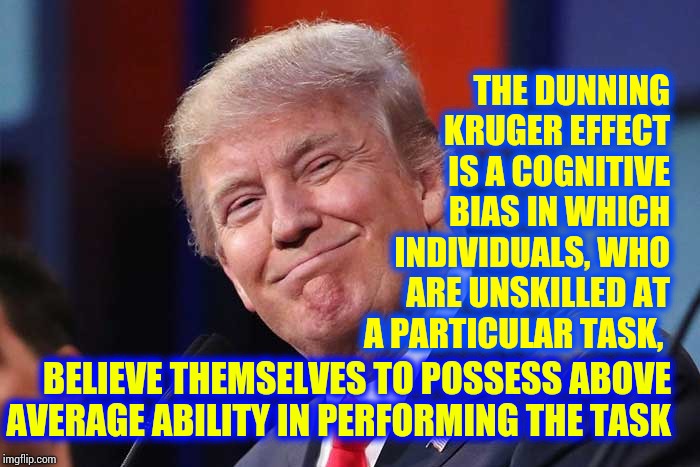 Dunning Who? | THE DUNNING KRUGER EFFECT IS A COGNITIVE BIAS IN WHICH INDIVIDUALS, WHO ARE UNSKILLED AT A PARTICULAR TASK, BELIEVE THEMSELVES TO POSSESS ABOVE AVERAGE ABILITY IN PERFORMING THE TASK | image tagged in arrogant trump,theory,philosophy,understanding,psychology,memes | made w/ Imgflip meme maker