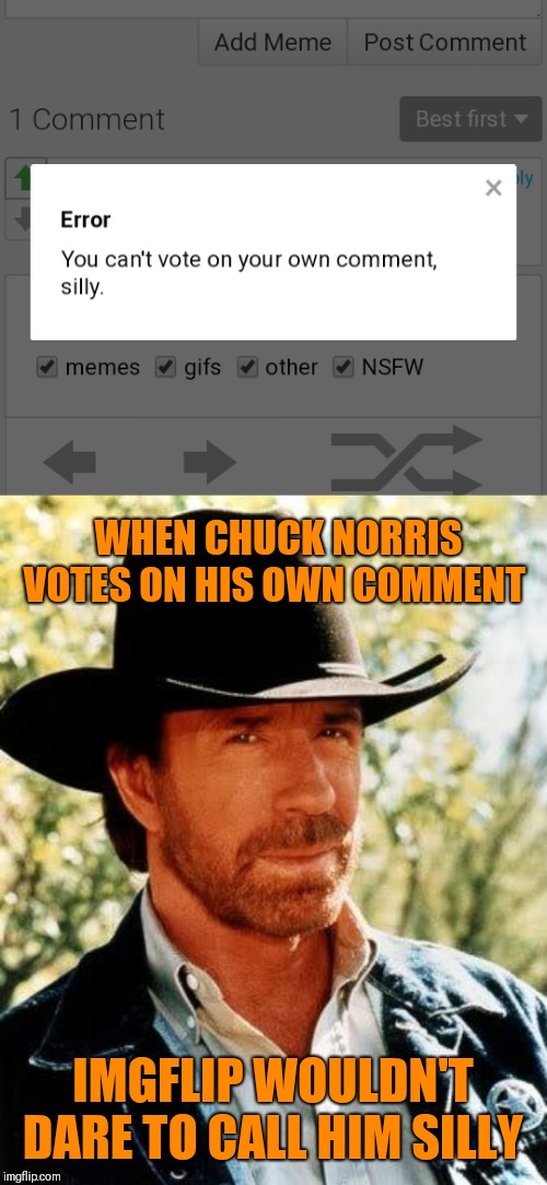 You can vote on your own comments, Mr. Norris | WHEN CHUCK NORRIS VOTES ON HIS OWN COMMENT; IMGFLIP WOULDN'T DARE TO CALL HIM SILLY | image tagged in memes,chuck norris,imgflip,upvotes,imgflip users,44colt | made w/ Imgflip meme maker