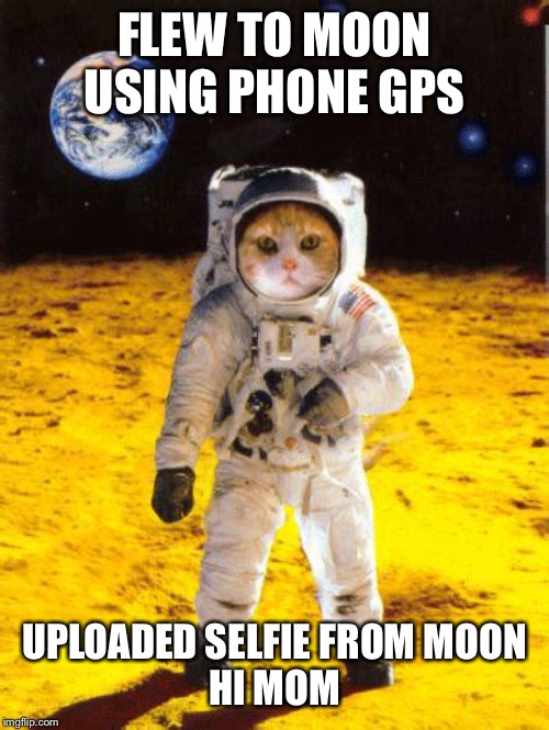 First cat on the moon | FLEW TO MOON USING PHONE GPS UPLOADED SELFIE FROM MOON
HI MOM | image tagged in first cat on the moon | made w/ Imgflip meme maker