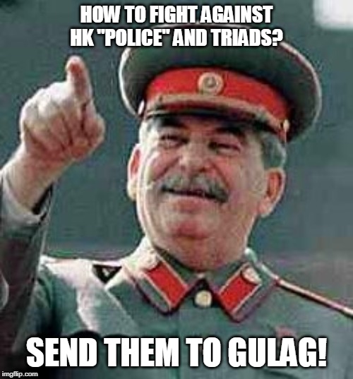 Stalin laughing | HOW TO FIGHT AGAINST HK "POLICE" AND TRIADS? SEND THEM TO GULAG! | image tagged in stalin laughing | made w/ Imgflip meme maker