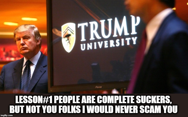 How can anyone not see it? | LESSON#1 PEOPLE ARE COMPLETE SUCKERS, BUT NOT YOU FOLKS I WOULD NEVER SCAM YOU | image tagged in memes,politics,maga,impeach trump,scammer | made w/ Imgflip meme maker