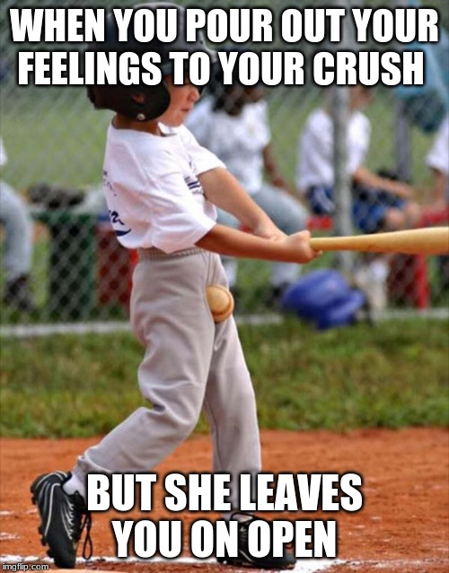 baseball | WHEN YOU POUR OUT YOUR FEELINGS TO YOUR CRUSH; BUT SHE LEAVES YOU ON OPEN | image tagged in baseball | made w/ Imgflip meme maker