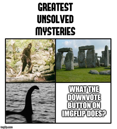 unsolved mysteries | WHAT THE DOWNVOTE BUTTON ON IMGFLIP DOES? | image tagged in unsolved mysteries | made w/ Imgflip meme maker