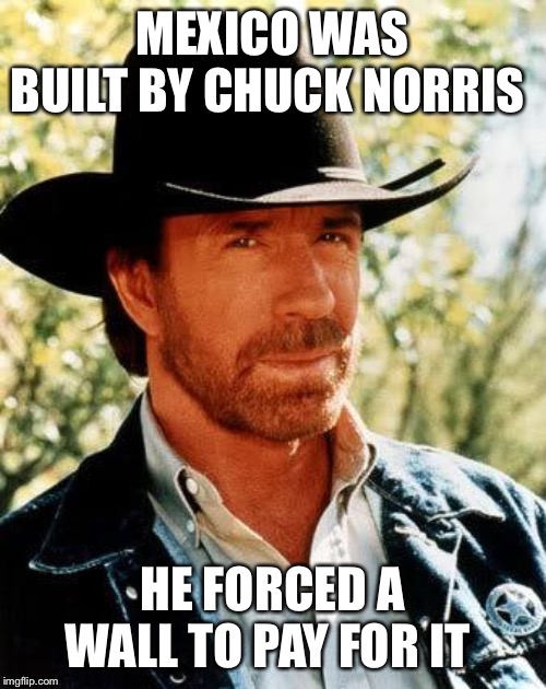 Chuck Norris | MEXICO WAS BUILT BY CHUCK NORRIS; HE FORCED A WALL TO PAY FOR IT | image tagged in memes,chuck norris | made w/ Imgflip meme maker