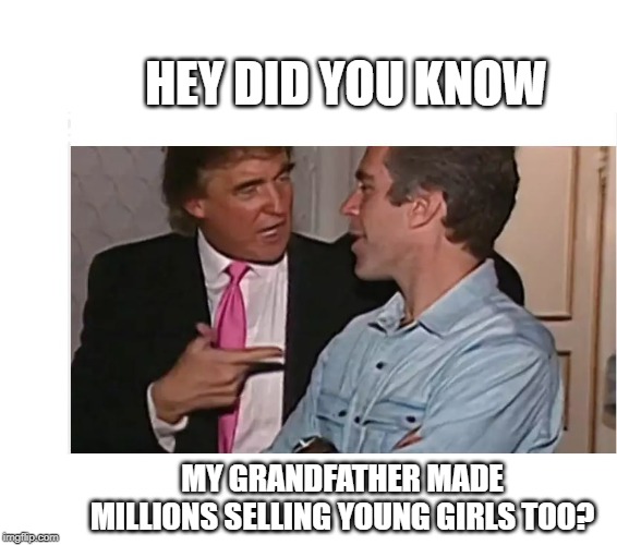 Nuts dont fall far from the tree | HEY DID YOU KNOW; MY GRANDFATHER MADE MILLIONS SELLING YOUNG GIRLS TOO? | image tagged in memes,politics,maga,impeach trump,pedo | made w/ Imgflip meme maker