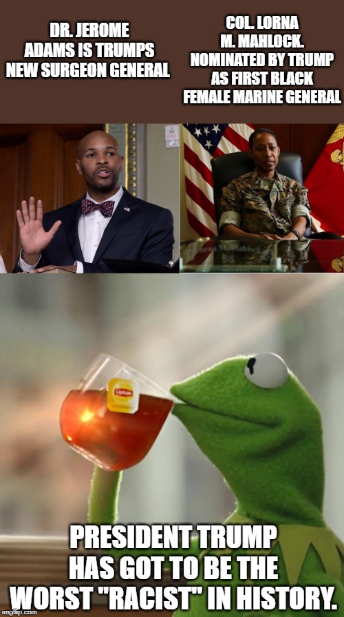 Still looking for evidence that President Trump is racist. | COL. LORNA M. MAHLOCK. NOMINATED BY TRUMP AS FIRST BLACK FEMALE MARINE GENERAL; DR. JEROME ADAMS IS TRUMPS NEW SURGEON GENERAL; PRESIDENT TRUMP HAS GOT TO BE THE WORST "RACIST" IN HISTORY. | image tagged in memes,but thats none of my business | made w/ Imgflip meme maker