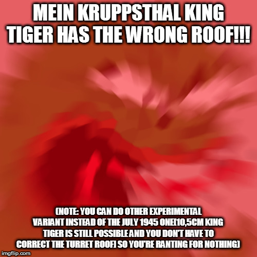 Reeee | MEIN KRUPPSTHAL KING TIGER HAS THE WRONG ROOF!!! (NOTE: YOU CAN DO OTHER EXPERIMENTAL VARIANT INSTEAD OF THE JULY 1945 ONE[10,5CM KING TIGER IS STILL POSSIBLE AND YOU DON'T HAVE TO CORRECT THE TURRET ROOF] SO YOU'RE RANTING FOR NOTHING) | image tagged in reeee | made w/ Imgflip meme maker