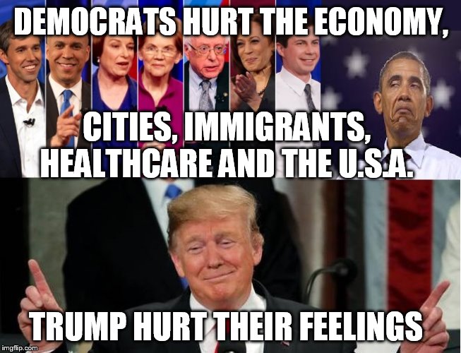 dems are the problem | DEMOCRATS HURT THE ECONOMY, CITIES, IMMIGRANTS, HEALTHCARE AND THE U.S.A. TRUMP HURT THEIR FEELINGS | image tagged in democrats,liberals,libtards,trump | made w/ Imgflip meme maker