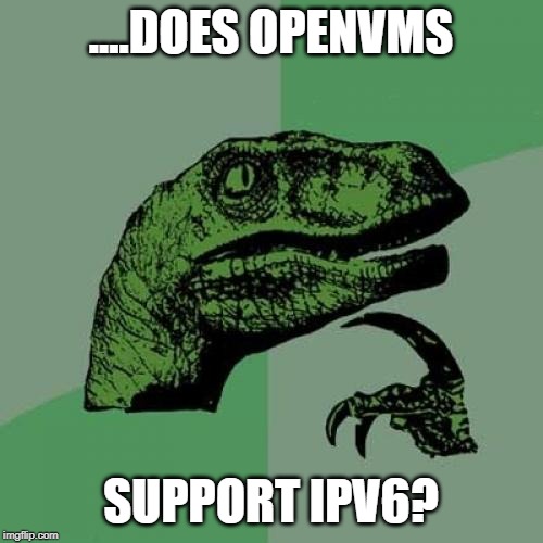 Philosoraptor Meme | ....DOES OPENVMS; SUPPORT IPV6? | image tagged in memes,philosoraptor | made w/ Imgflip meme maker