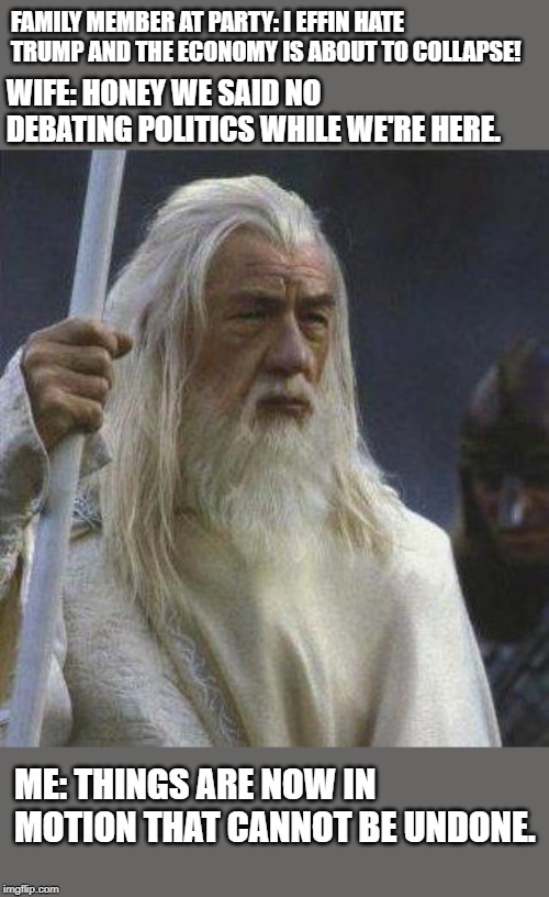 When you tried, but somebody said something | FAMILY MEMBER AT PARTY: I EFFIN HATE TRUMP AND THE ECONOMY IS ABOUT TO COLLAPSE! WIFE: HONEY WE SAID NO DEBATING POLITICS WHILE WE'RE HERE. ME: THINGS ARE NOW IN MOTION THAT CANNOT BE UNDONE. | image tagged in gandalf,funny,politics,political meme | made w/ Imgflip meme maker