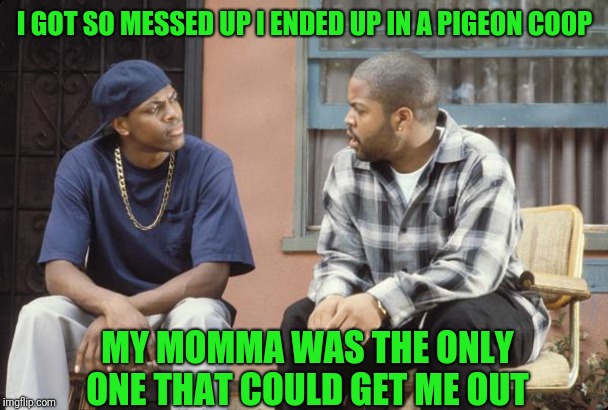 FRIDAY smokey craig | I GOT SO MESSED UP I ENDED UP IN A PIGEON COOP MY MOMMA WAS THE ONLY ONE THAT COULD GET ME OUT | image tagged in friday smokey craig | made w/ Imgflip meme maker